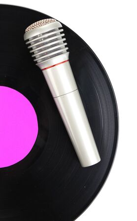 Black vinyl record and microphone isolated on whiteの写真素材
