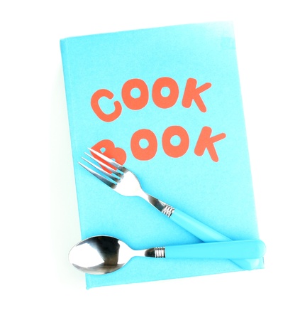 Blue cookbook and kitchenware isolated on whiteの写真素材