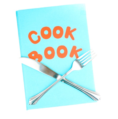 Blue cookbook and kitchenware isolated on whiteの写真素材