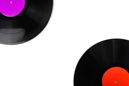 Black vinyl records isolated on whiteの写真素材