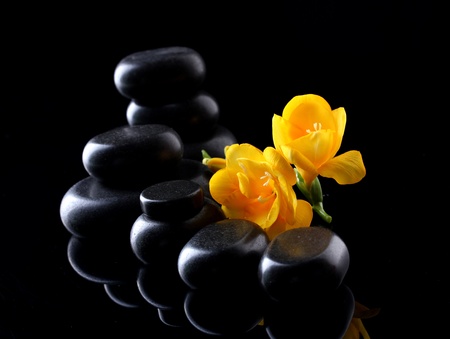 Spa stones and yellow flower on black backgroundの写真素材