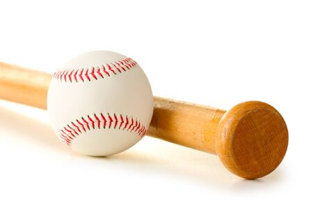 baseball ball and bat isolated on whiteの写真素材