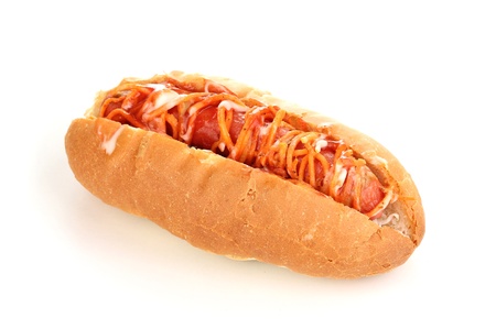 Appetizing hot dog isolated on whiteの写真素材
