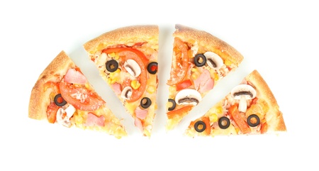 Half of pizza close-up isolated on whiteの写真素材