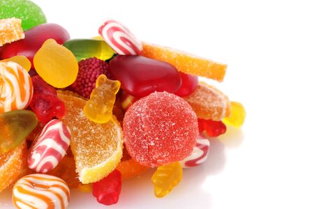 colorful jelly candies isolated on whiteの写真素材