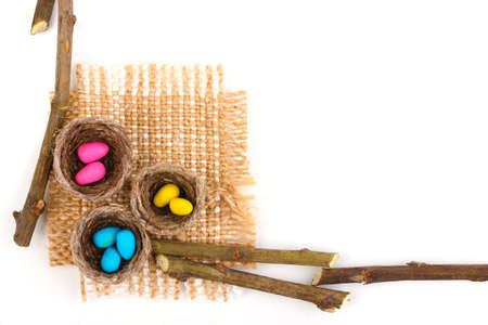 Colorful easter eggs in nests isolated on white