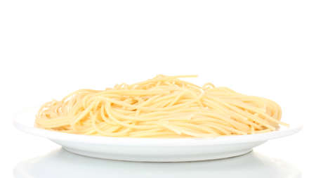 Italian spagetti cooked in a white plate isolated on whiteの写真素材