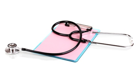 Stethoscope and blank clipboard isolated on whiteの写真素材