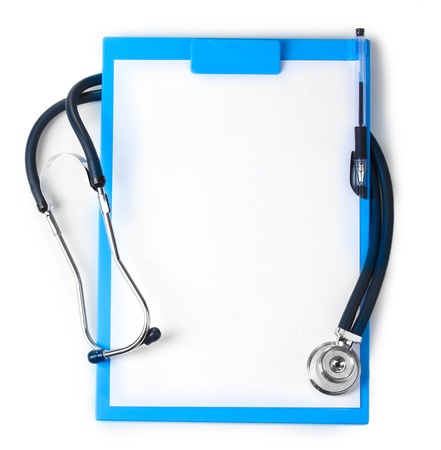 stethoscope and blue clipboard isolated on whiteの写真素材