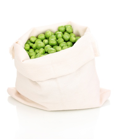 Green peas in bag isolated on whiteの写真素材