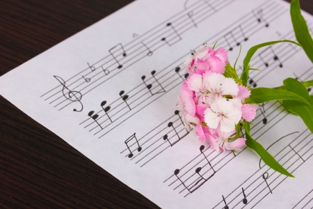 Musical notes and flower on wooden tableの写真素材