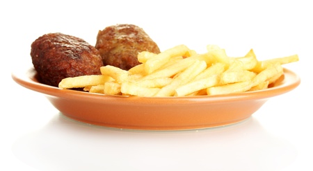 Potatoes fries with burgers in the plate isolated on white close-upの写真素材