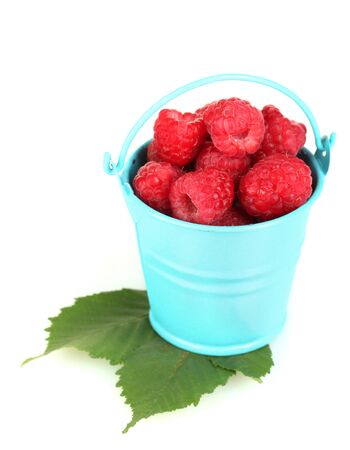 Fresh raspberries in blue bucket isolated on whiteの写真素材