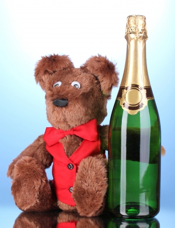 Toy bear and bottle of champagne on blue background
の写真素材