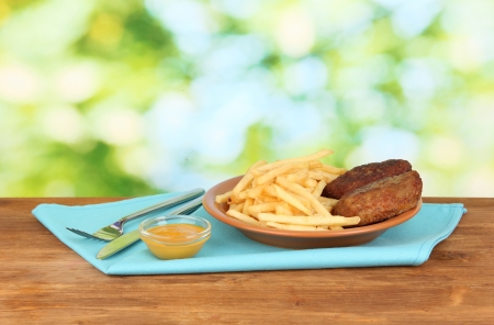 Potatoes fries with burgers on the plate on green background close-upの写真素材