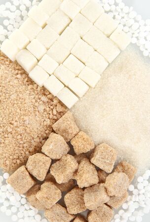 Sweetener with white and brown sugar close-upの写真素材