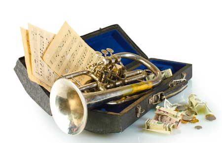 musical instrument with money on gray background