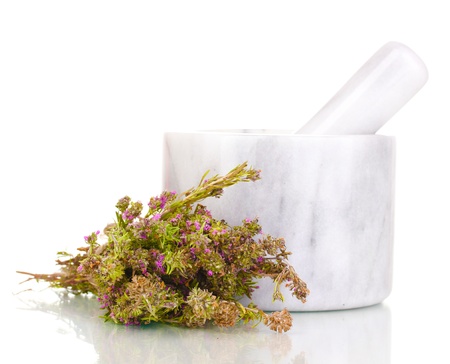 Thyme herb and mortar isolated on whiteの写真素材