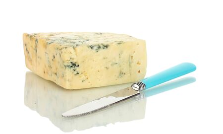 Cheese with mold and knife isolated on white backgroundの写真素材