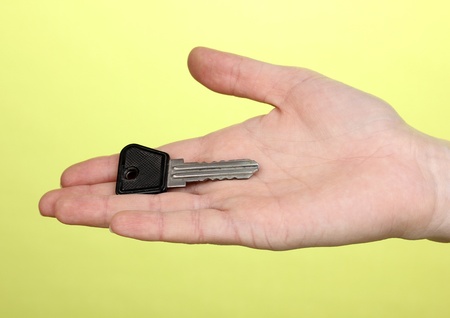 Key in hand on green backgroundの写真素材