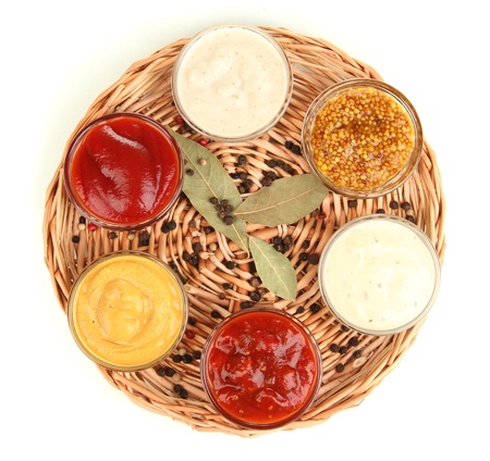 various sauces on wicker matの写真素材