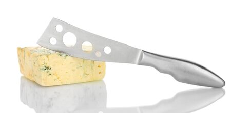 Cheese with mold and knife isolated on white backgroundの写真素材