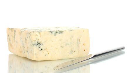 Cheese with mold and knife isolated on white backgroundの写真素材
