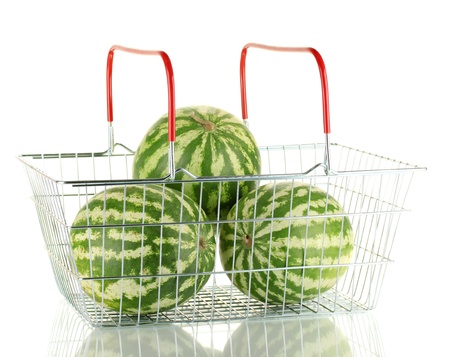 Ripe watermelon in metal basket isolated on whiteの写真素材