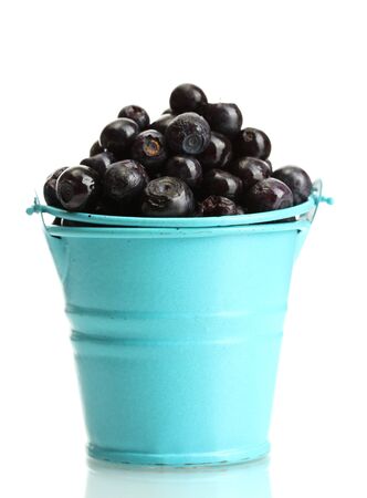 blueberris in bucket isolated on whiteの写真素材
