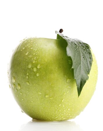 Ripe green apple with leaf isolated on whiteの写真素材