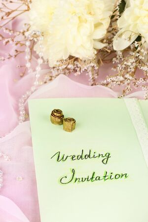 wedding invitations on decorated table close-upの写真素材
