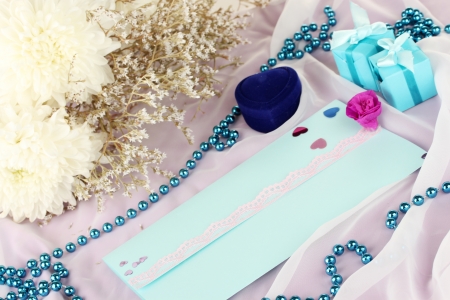 wedding invitations on decorated table close-upの写真素材