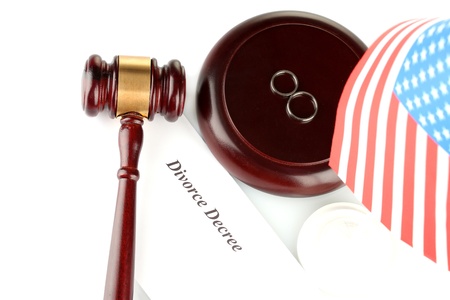 Divorce decree and wooden gavel on white backgroundの写真素材