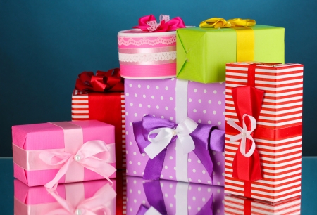 Colorful gifts on blue backgroundの写真素材