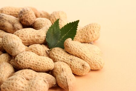 tasty peanuts with green leaves, on beige background