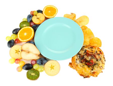 Blue plate surrounded by useful and harmful food isolated on whiteの写真素材