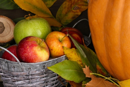 Excellent autumn still life with pumpkin on wooden table on wooden background close-upの写真素材