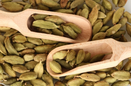 green cardamom in wooden spoons close-upの写真素材