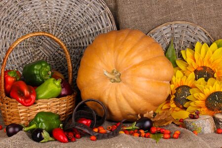 Excellent autumn still life with pumpkin on sackingの写真素材