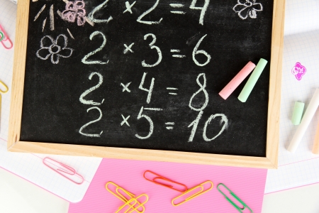 Small school desk with various school supplies close-up isolated on white