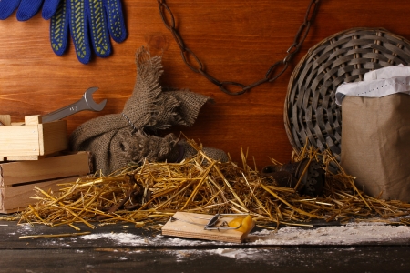 Mousetrap with a piece of cheese in barn on wooden backgroundの写真素材