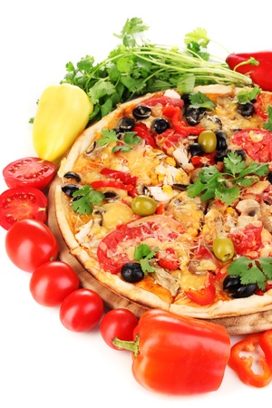 Delicious pizza with ingredients around isolated on whiteの写真素材