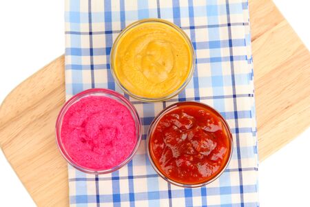 various sauces on chopping board close-upの写真素材
