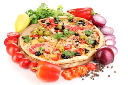 Delicious pizza with ingredients around isolated on whiteの写真素材