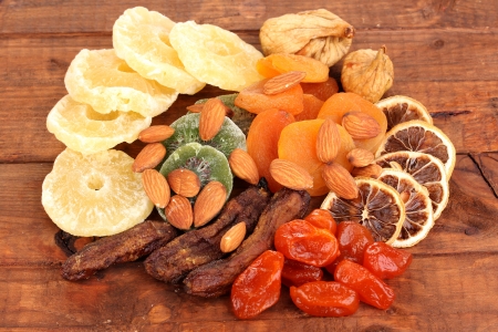 Dried fruits on wooden backgroundの写真素材