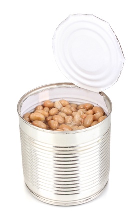 Open tin can of beans isolated on whiteの写真素材