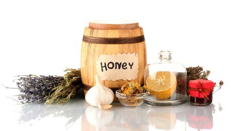 Honey and others natural medicine for winter flue, isolated on whiteの写真素材