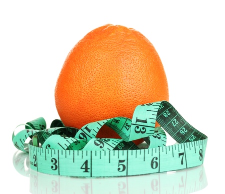 orange with measuring tape isolated on whiteの写真素材