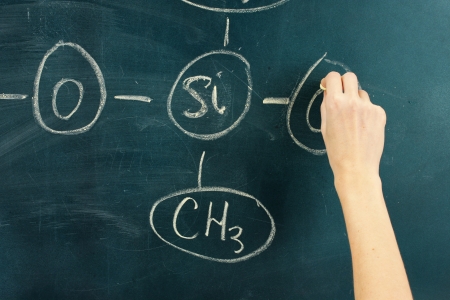 Chemical structure formula written on blackboard with chalk.の写真素材