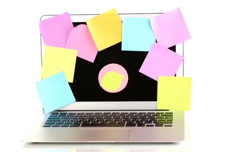 Laptop with empty stickers isolated on whiteの写真素材